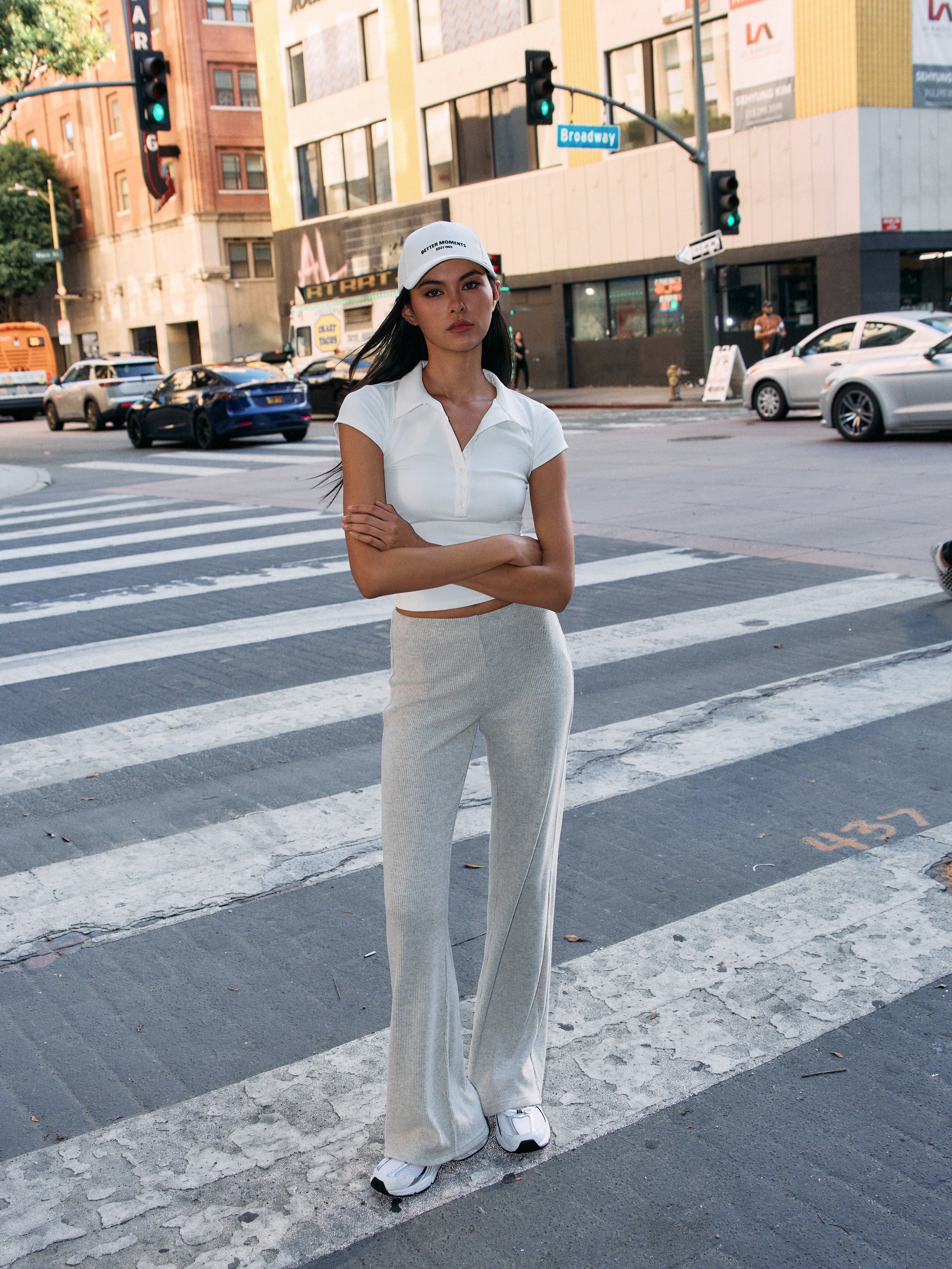 BTTRMMT Rae Wide Rip Pant front view featuring high-rise waist, wide-leg fit, and textured ribbed fabric