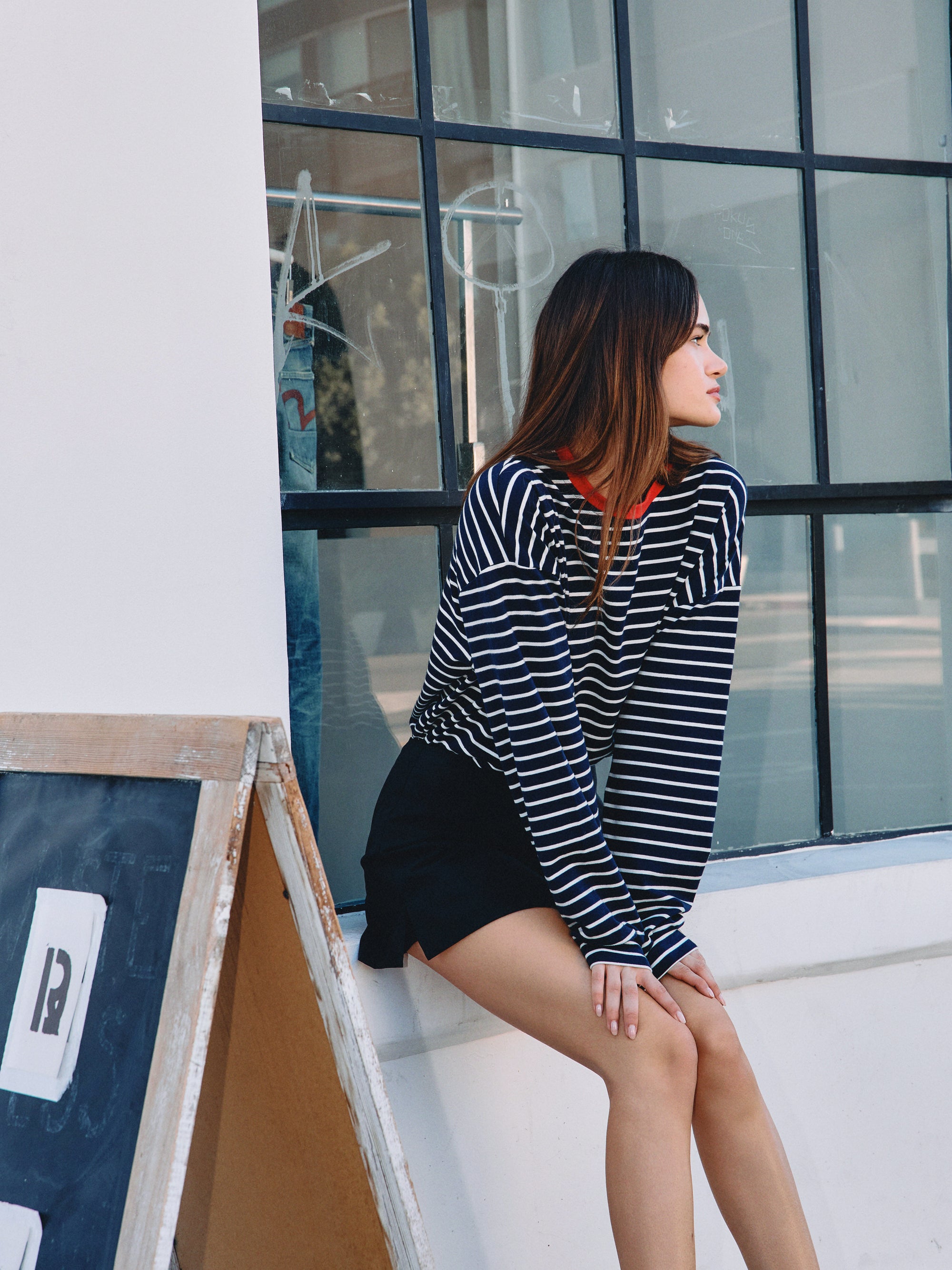 BTTRMMT Ellie Striped Long Sleeve side view showing relaxed fit, long sleeves, and casual LA street style