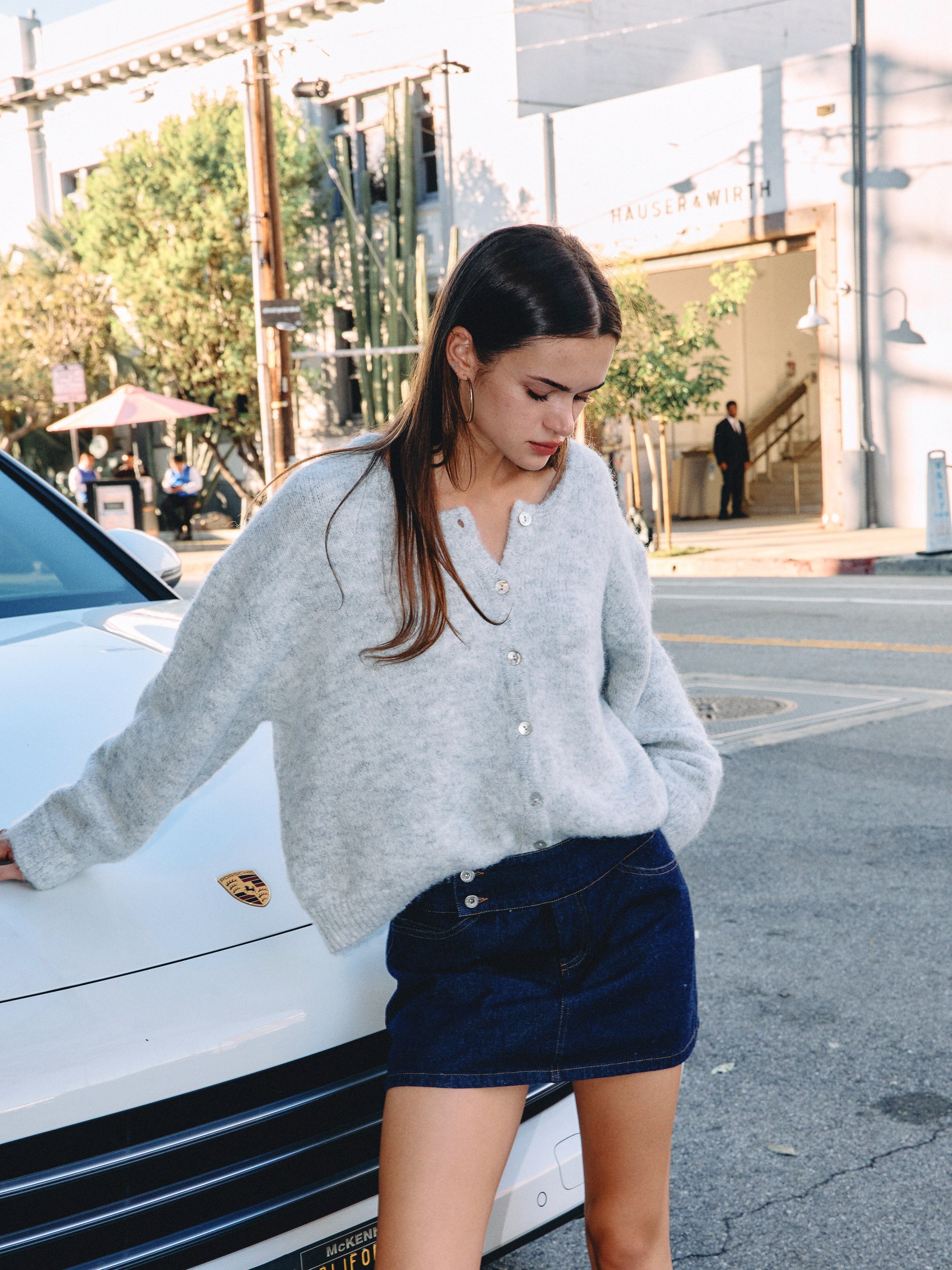 BTTRMMT Gray Millie Cardigan front view worn in downtown Los Angeles with button-front design and relaxed full-length fit