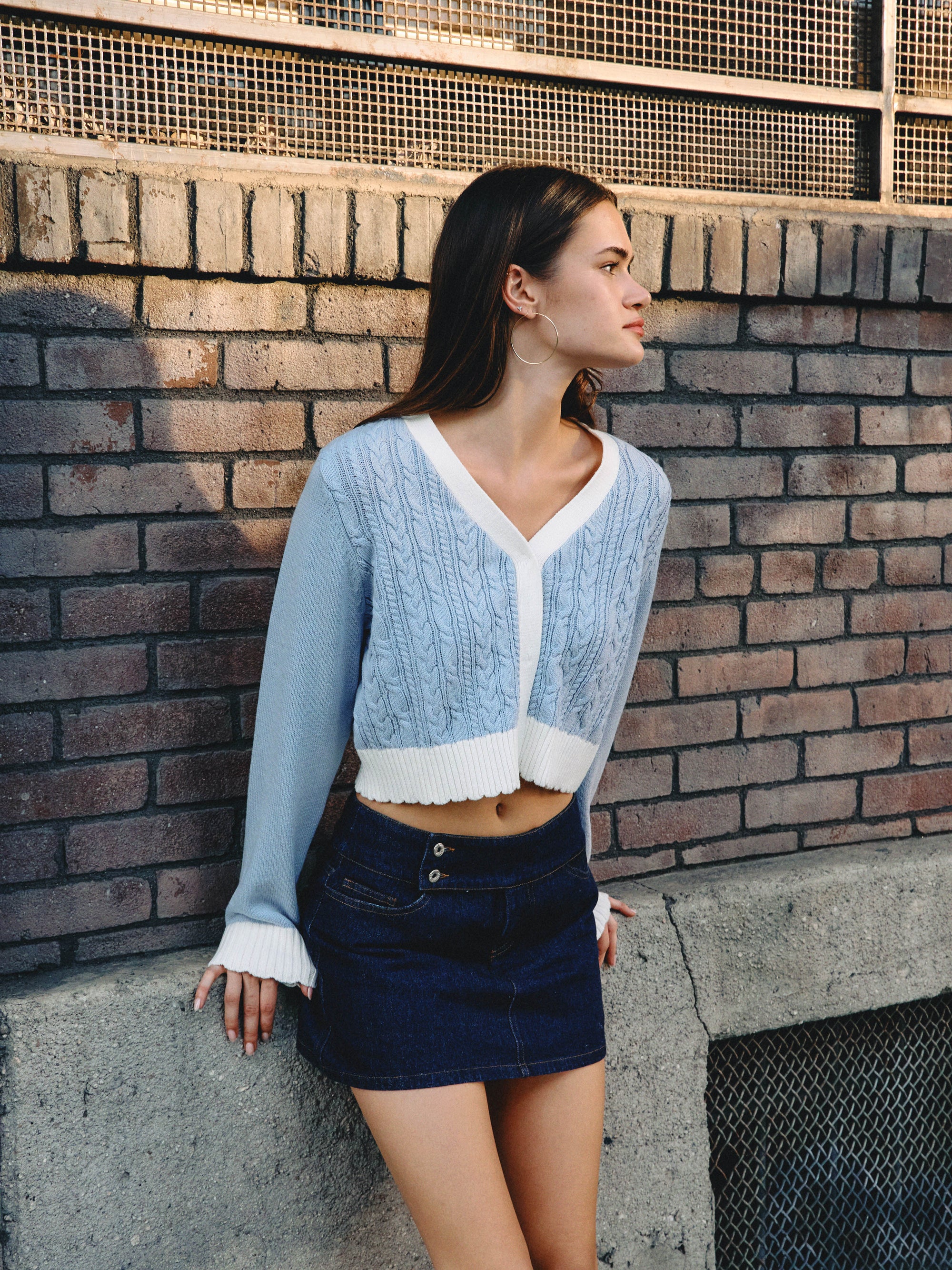 BTTRMMT Jordyn Contrast Knit Cardigan front view with cropped fit, V-neckline, contrast trim, and textured knit