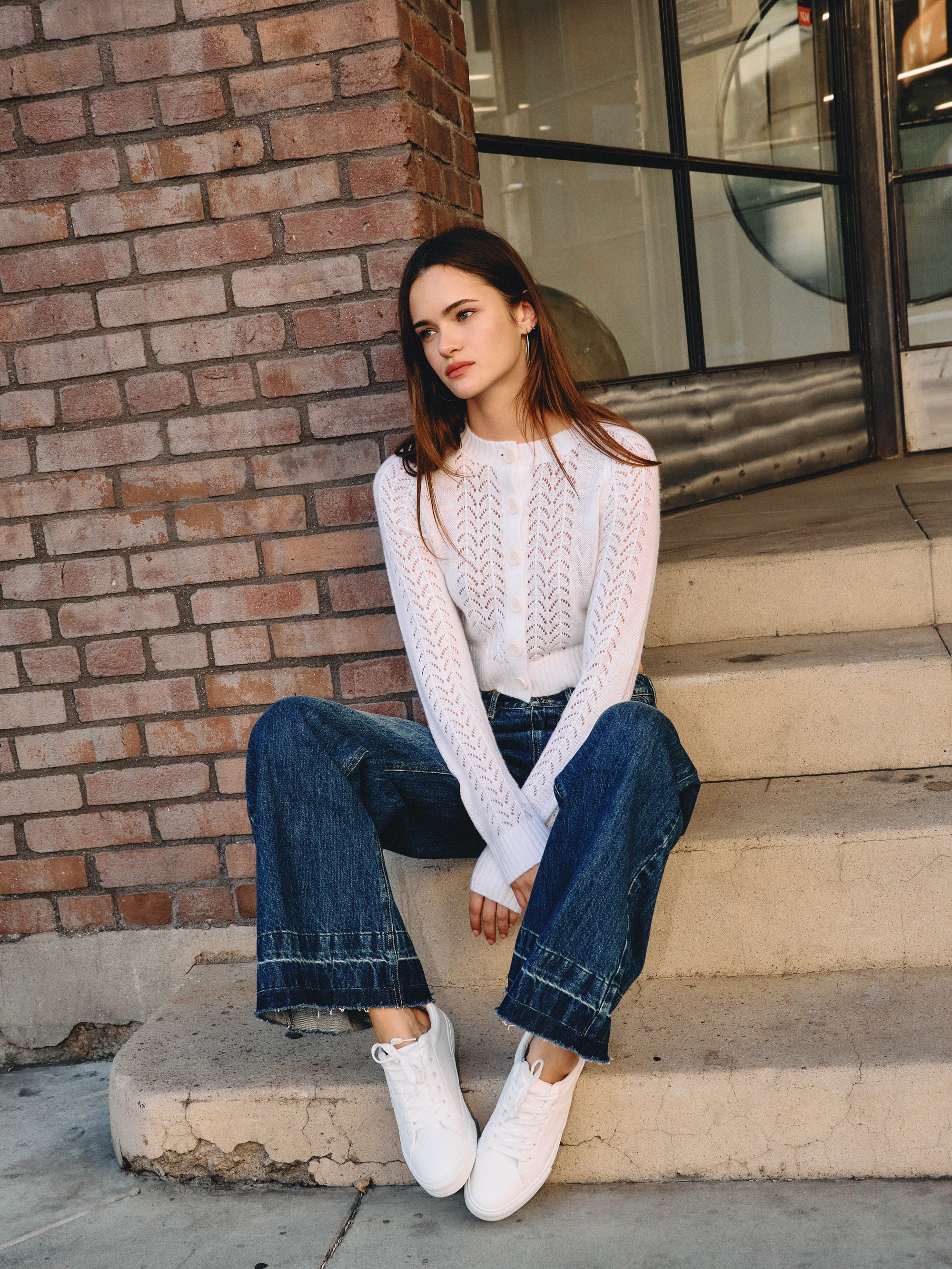 BTTRMMT lila lace cardigan front view with button-front design, delicate lace knit, and fitted silhouette