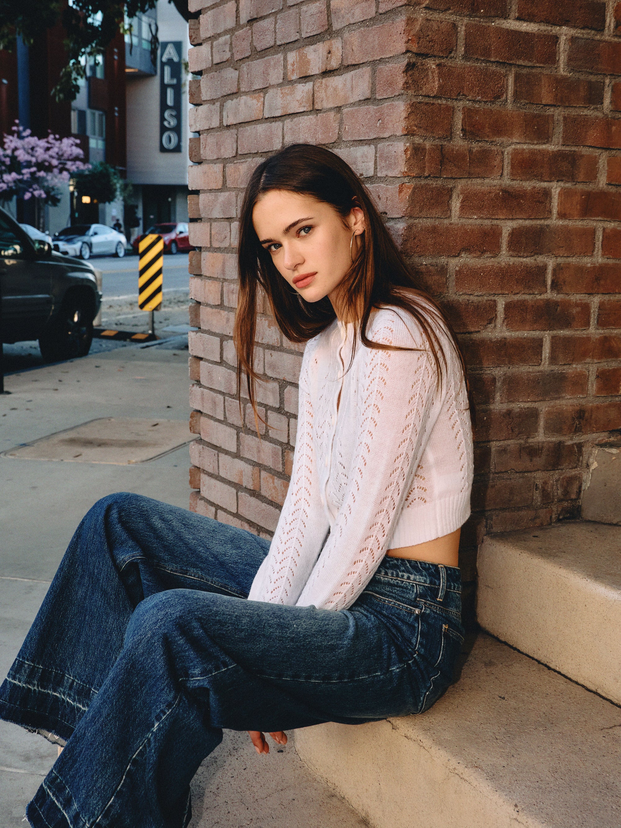 Model wearing BTTRMMT Aura High Rise Wide Leg Jeans with high-rise waist and relaxed wide-leg fit