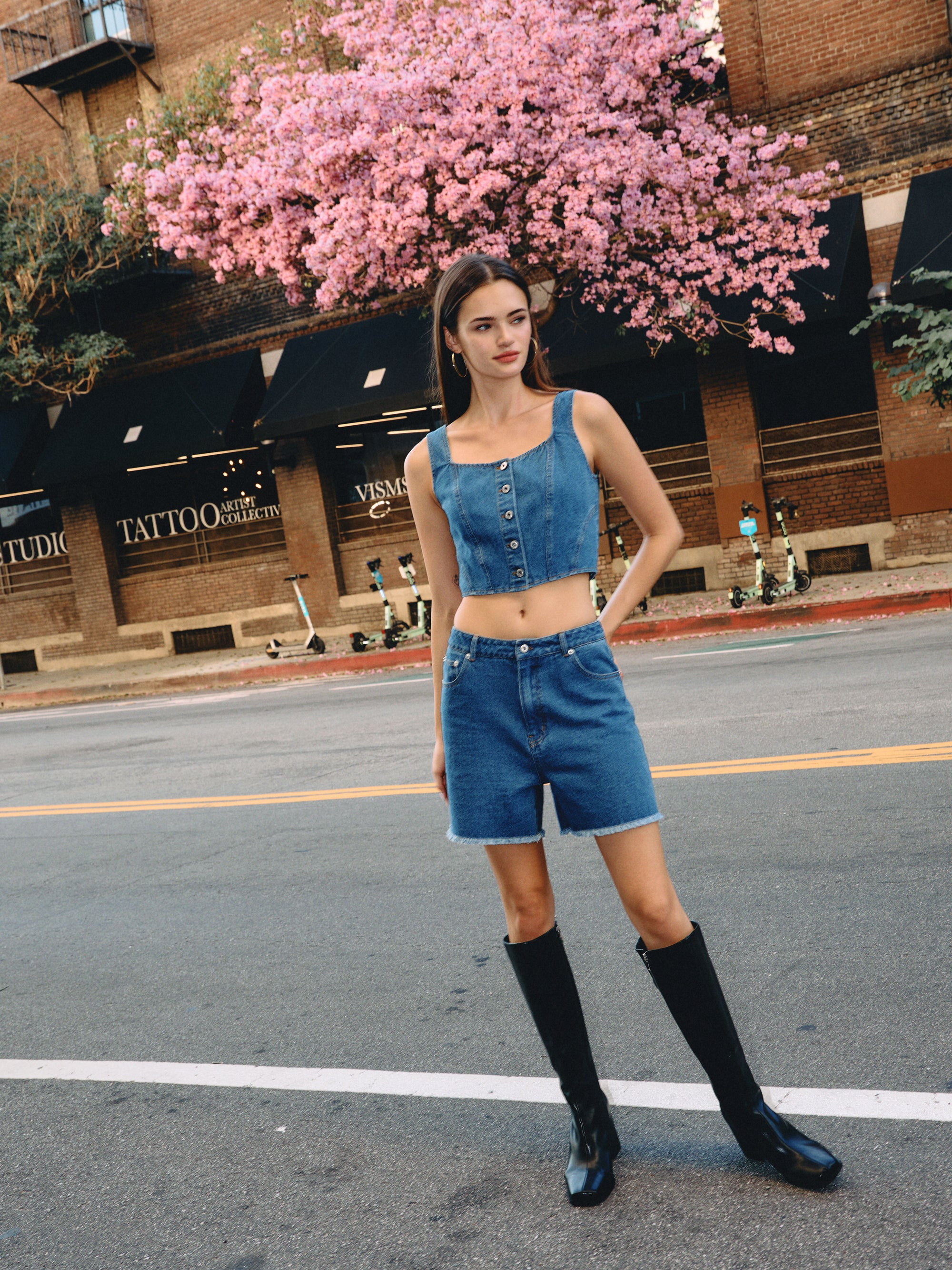 BTTRMMT Rae Structured Denim Top styled in downtown Los Angeles with high-rise denim for a modern street look