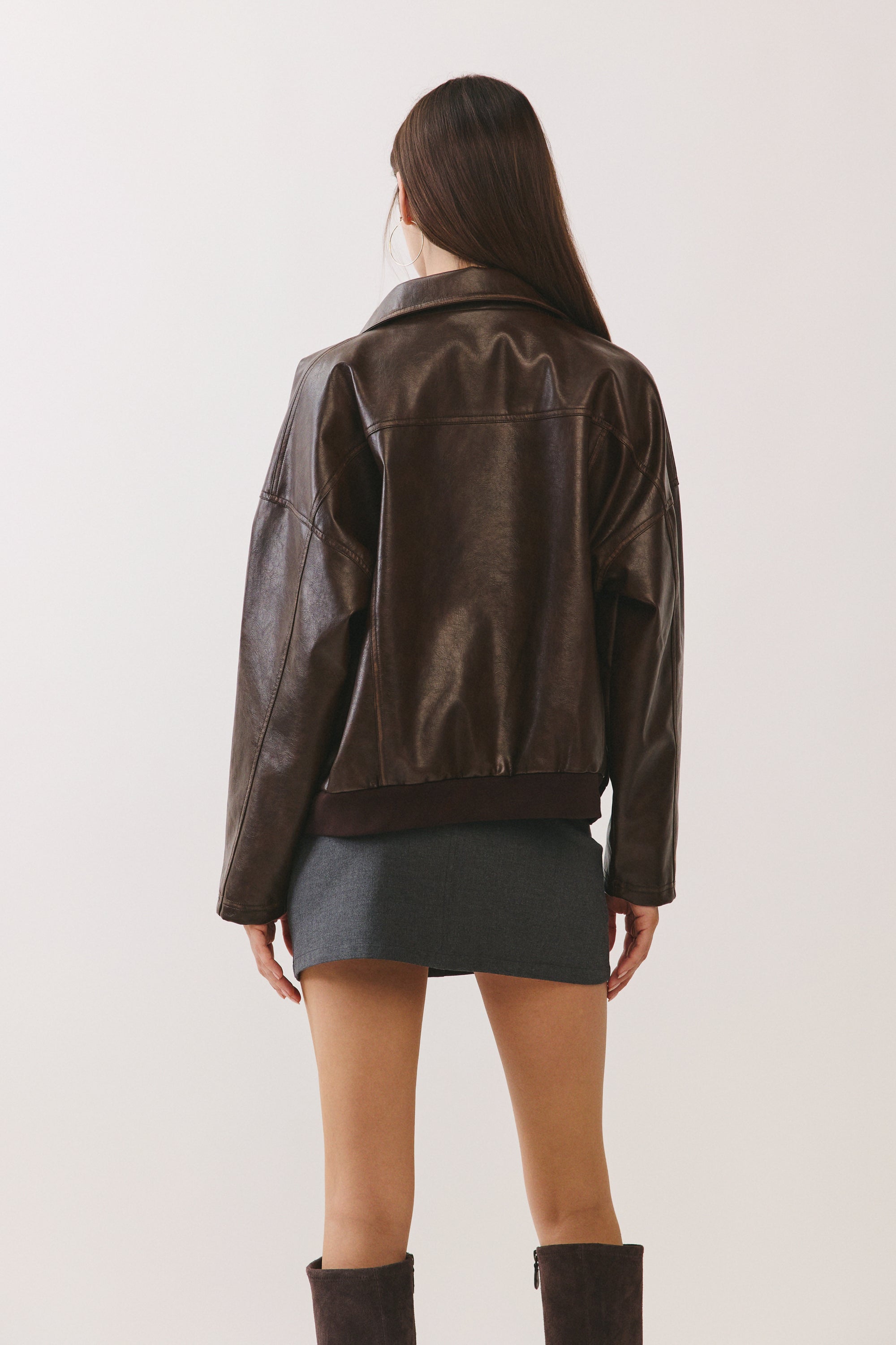 BTTRMMT Reign Faux Leather Jacket back view showing boxy shape and clean faux leather finish