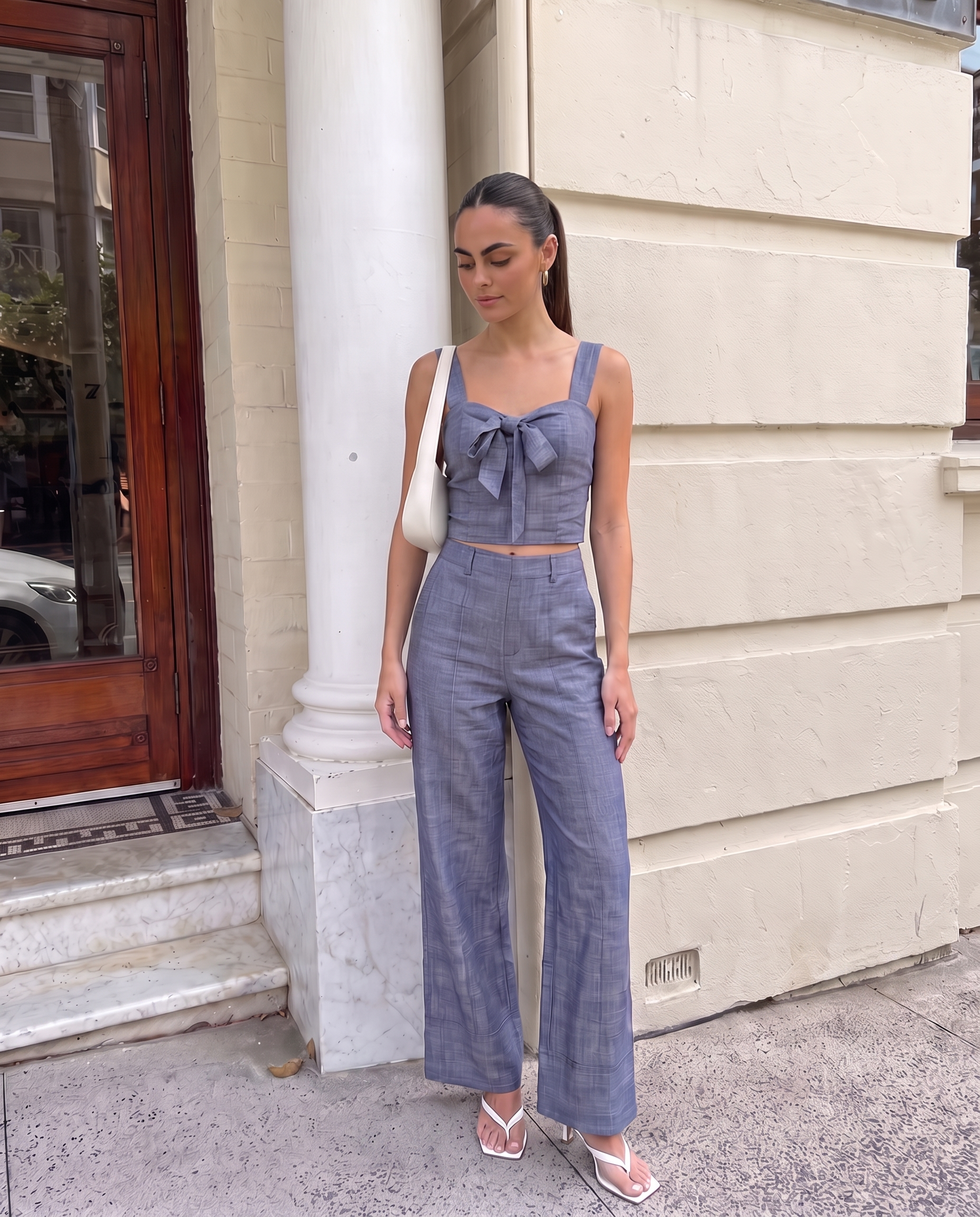 Model wearing BTTRMMT The Delilah Set, blue textured two-piece with tie-front crop top and matching wide-leg pants.