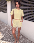 Yellow Zenna ribbed knit henley top and shorts matching set
